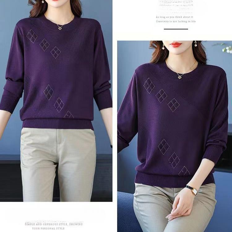 Осень-зима Женский свитер больших размеров с длинным рукавом Свободный круглый вырез Трикотажный свитер со стразами Трикотажный топ Эластичный джемпер