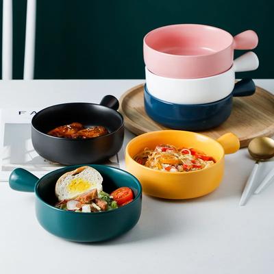 Скандинавская керамическая салатница с ручкой, миска для завтрака, хлопьев, фруктов, однотонная, десертная, суповая, для лапши, для микроволновой печи