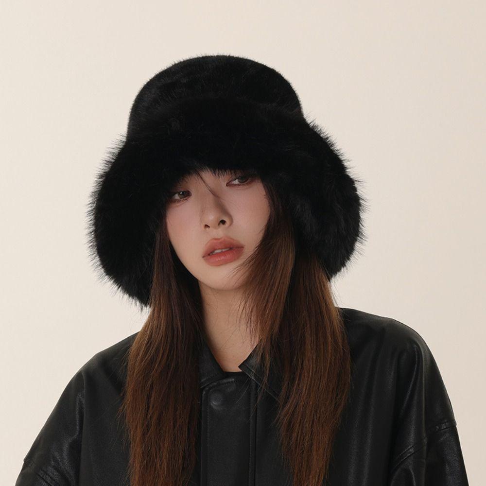 Imitation Fur Plush Bucket Hat Fluffy Hat Winter Cap Elegant Artificial Fur Hat Female/Girls