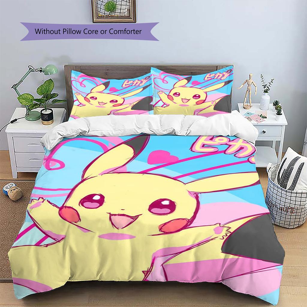 Pikachu Patterned Pillowcase & Duvet Cover Set Bedroom Bedding Perfect Gift for Anime Admirers.-TING