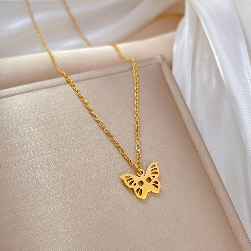 Titanium Steel Empty Butterfly Personality Minimalist Wind Furnace Real Gold Necklace Female Collarbone Chain With