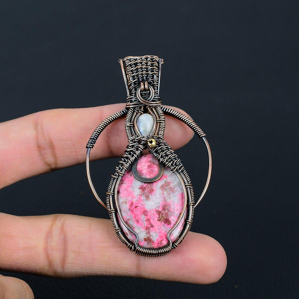 Розовый тулит и лунный камень драгоценный камень ручная работа медная проволока обертка ювелирные изделия кулон для женщин