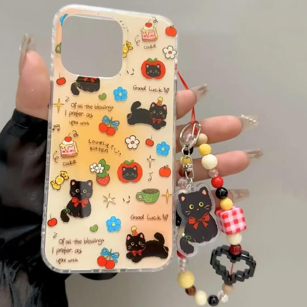 IDM Большое Отверстие Милый Черный Кот со Подставкой и Цепочкой для Чехла на Телефон Apple 17/15 Promax для iPhone
