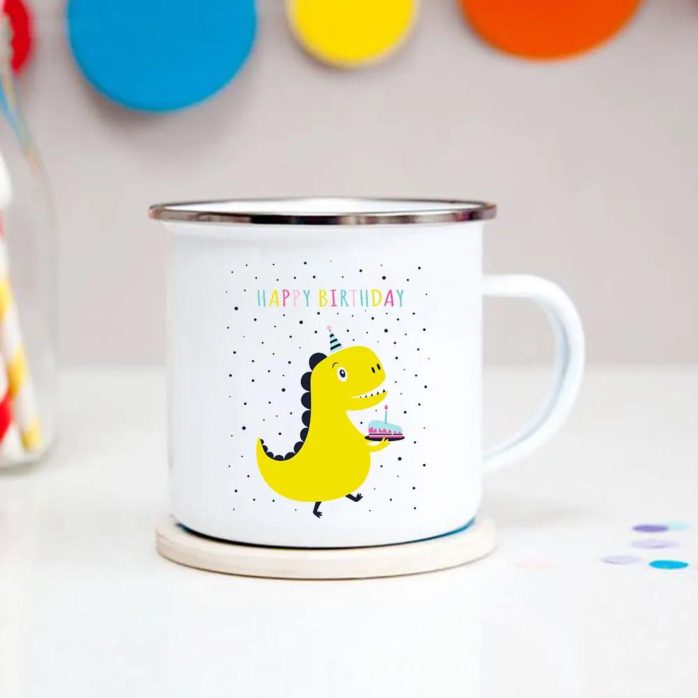 Happy Birthday Boys Girls Enamel Cocoa Mugs Home Party Cartoon Dinosaur Kids Drink Juice Cola Milk Cups Child Baby Birthday Gift