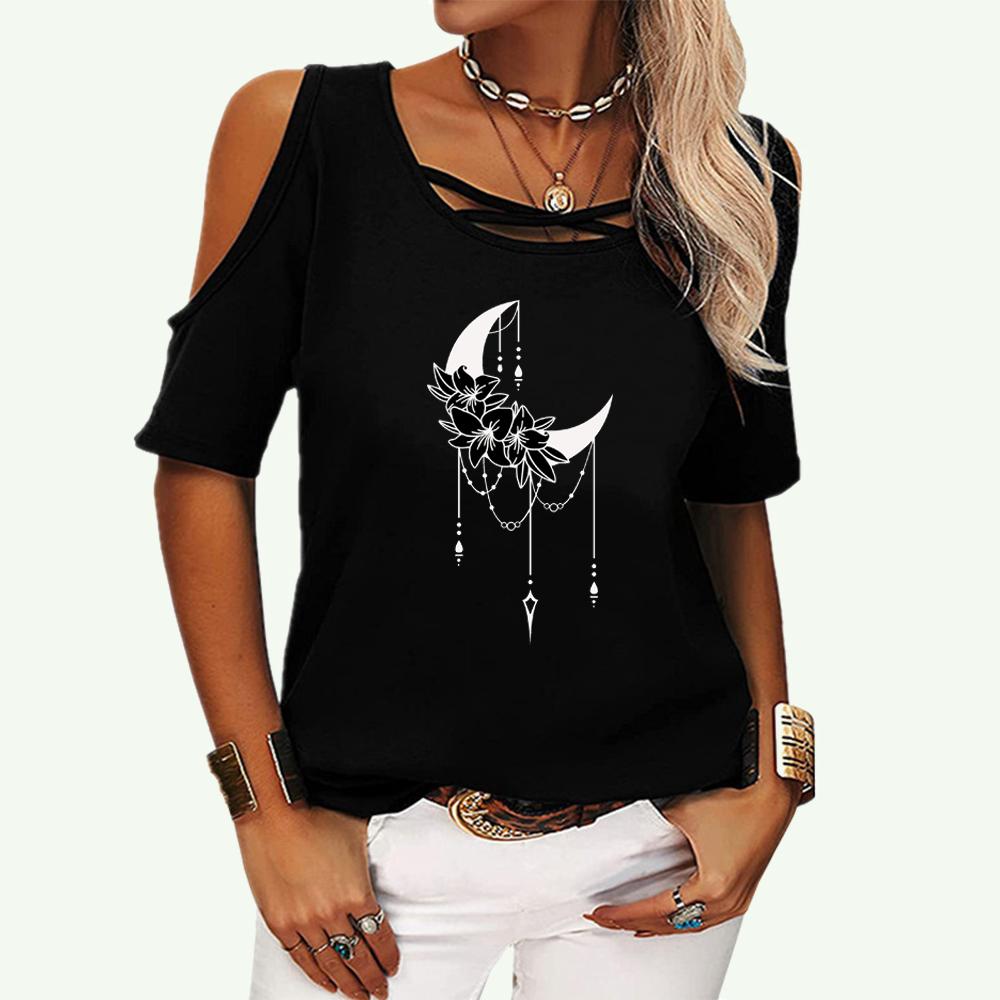 Women Fashion Print Short Sleeve T-shirt Ladies Off Shoulder Top Casual Round Neck Summer Tee Shirt