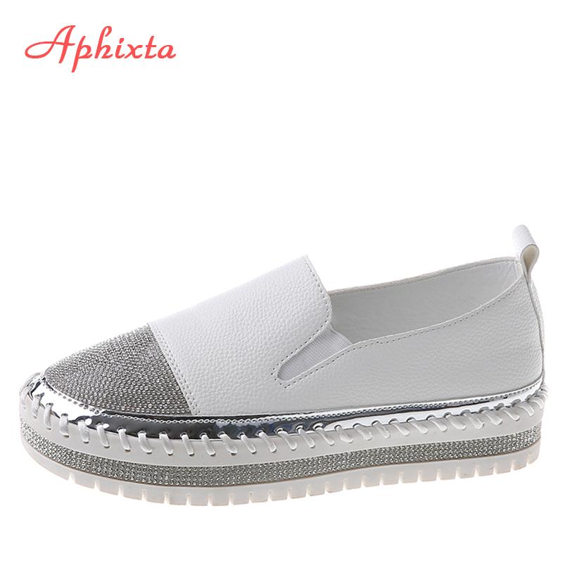 Fashion Aphixta 2025 New Crystals Luxury Leather Flats Shoes Women Hand Stitching Slip-on Flat Platform Footwear Plus Big Size 42 43
