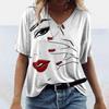 Women's V-Neck Short Sleeve Line Beauty Printed Tops Loose T-Shirt Casual Blouse