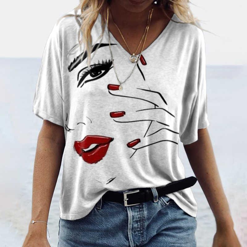 Women's V-Neck Short Sleeve Line Beauty Printed Tops Loose T-Shirt Casual Blouse