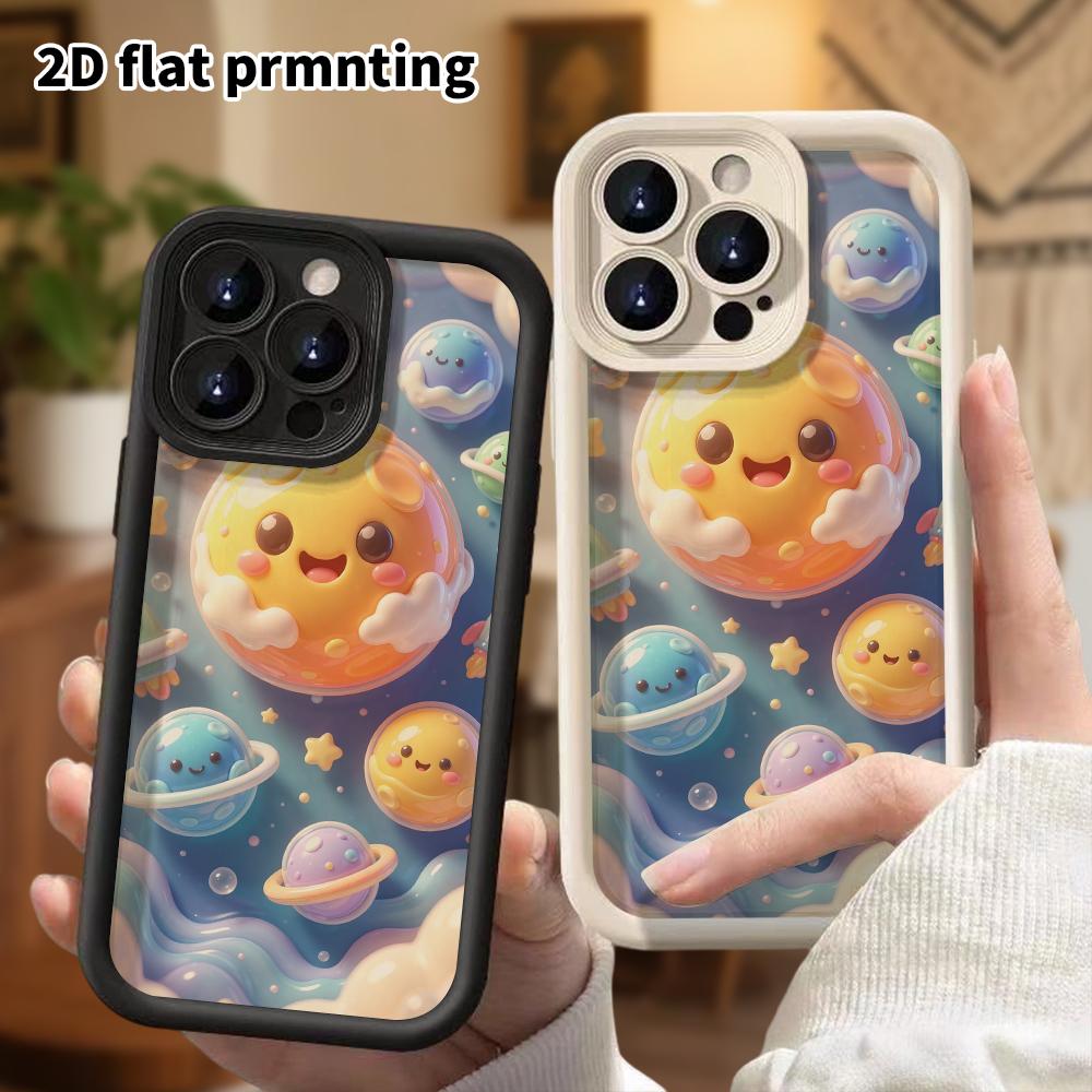 Чехол для телефона: 2D плоский дизайн, подходящий для защитного чехла iPhone 18 17 16 15 14 13 Pro, мультяшное звездное небо с планетами, идеальный для Рождества и Хэллоуина