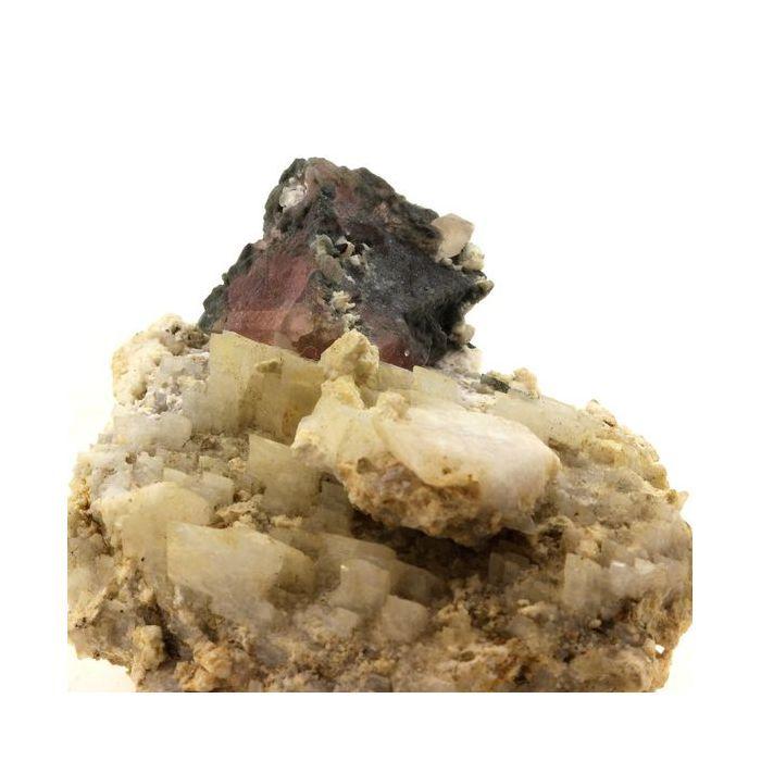 Pierres et Minéraux. Fluorite rose + Adulaire. 205.9 ct. Massif du Mont-Blanc, France..