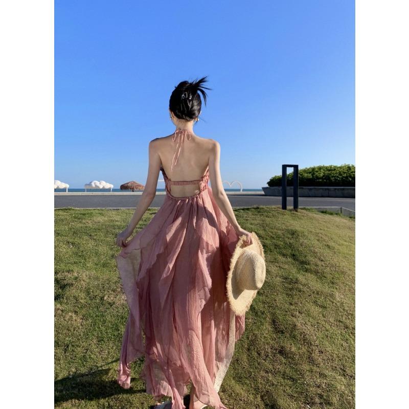 Женские летние темпераментные висячие шеи с открытой спиной, праздничные пляжные длинные свободные платья