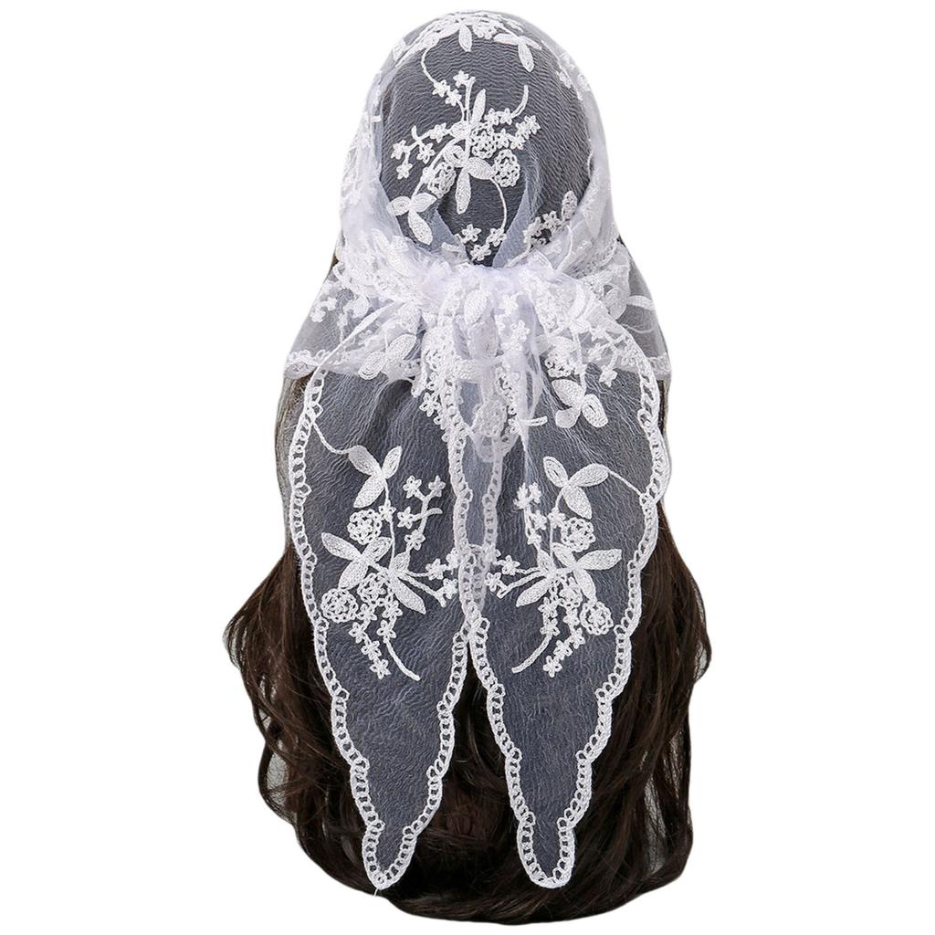 Embroidered Lace Triangle Scarf Flower Headband Lace Headscarf Bandana Headband Elegant Scarf Shawl 135x45cm for Woman