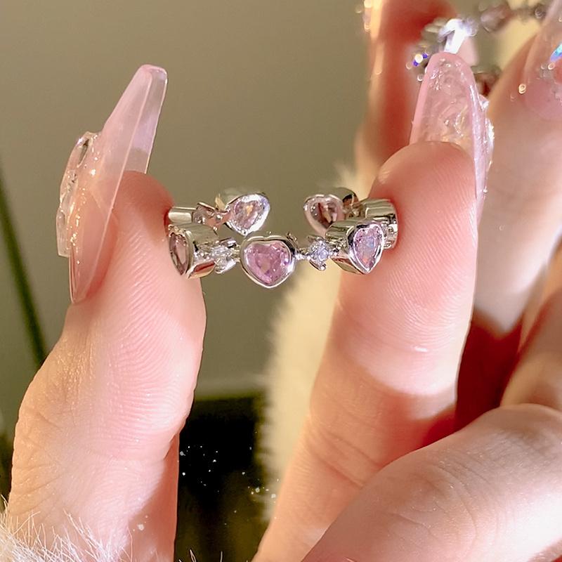 iF ME Zircon Silver Ring for Women Opening Sweet Pink Crystal Bow Heart Rings Accessories Jewelry