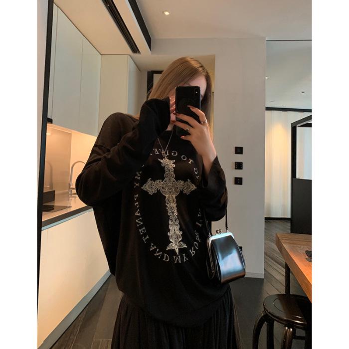 2024 Summer Women's Loose Long Sleeve Printed Drapey T-Shirt