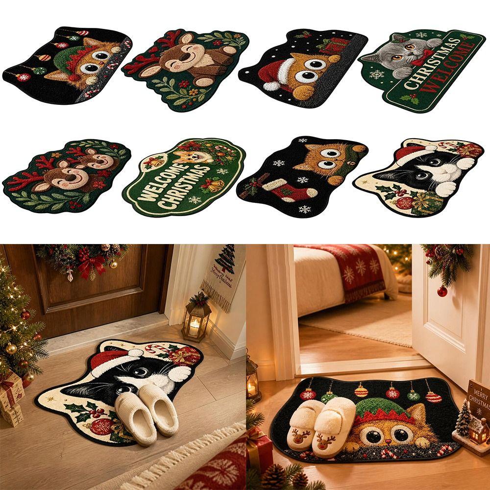 Anti-fouling Cat Area Rug Non-Slip Floor Mat Unique Cartoon Carpet Merry Christmas