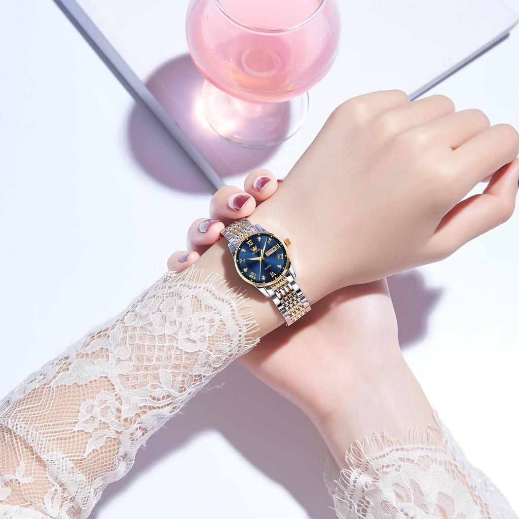 OLEVS наручные стильные деловые часы для женщин, аналоговые модные популярные женские аналоговые золотые часы из нержавеющей стали с синей ручкой, синие женские часы для рождественского подарка,