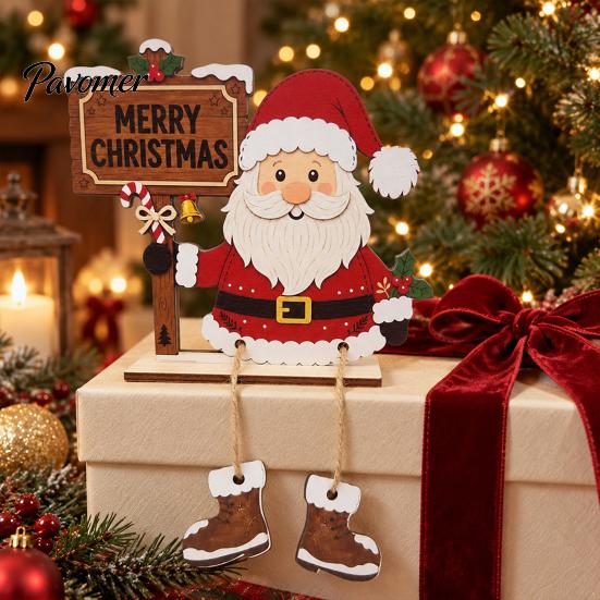Festive Indoor Room Ornaments Christmas Gnome Wooden Ornament, 2D Tomte Santa Figurine with Hanging Boots, Tree Holiday Shelf Sitter for Mantel