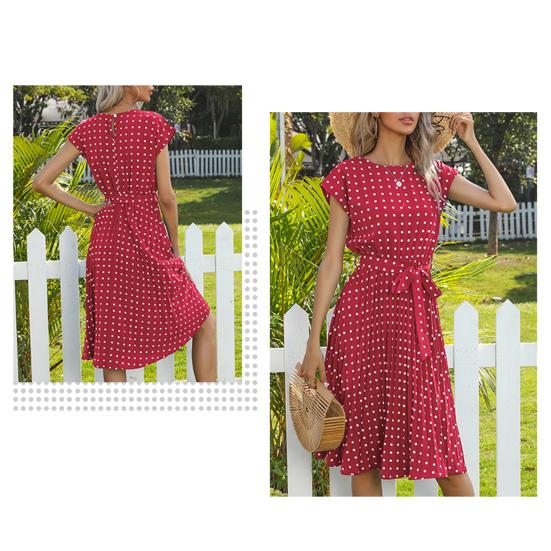 Women Polka Dot Print Midi Dress Crewneck Short Sleeve A-line Dress with Belt Summer Beach Swing Sundress