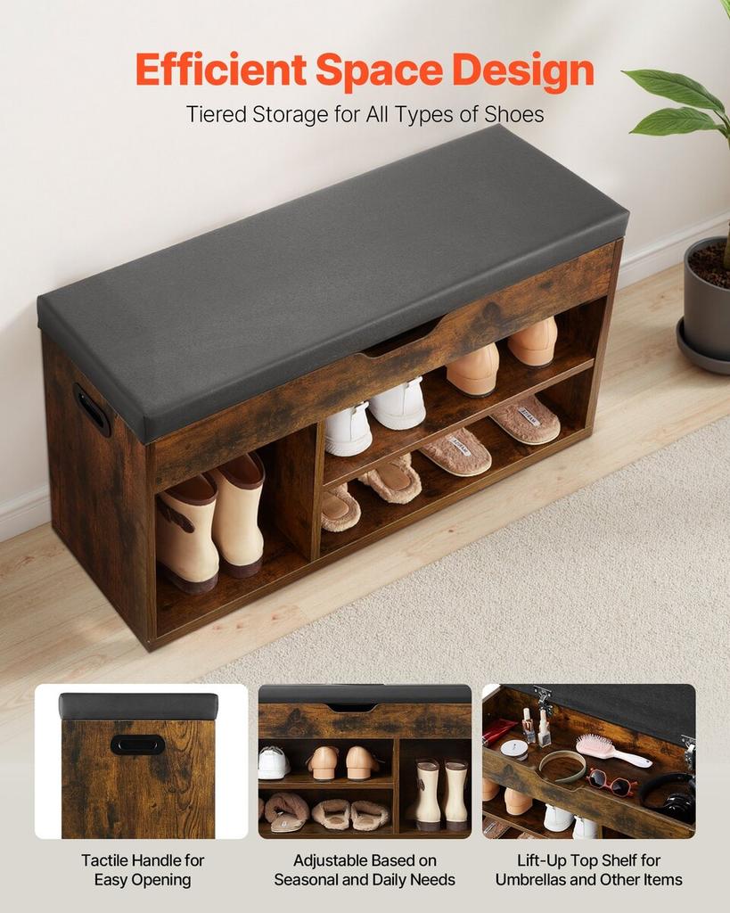 Entryway Shoe Bench, 805 x 305 x 445 mm Shoe Storage Organizer with Hidden Lift Top Storage Space, 300lbs Bench with Cushion Seat and 3 Cabinets for