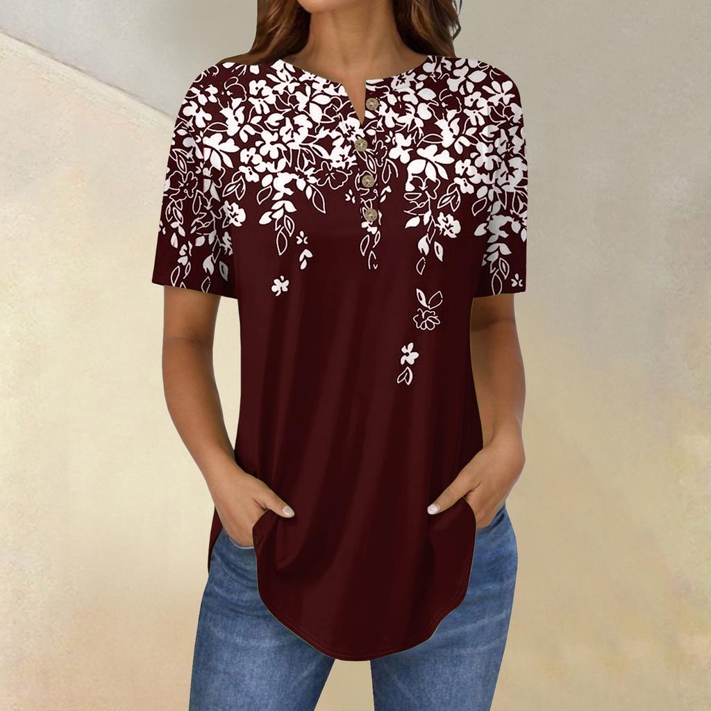 Short Sleeve Womens Tops Summer T-Shirts Floral Print V Neck Casual Basic Tee Button Shirts Tunic Tops