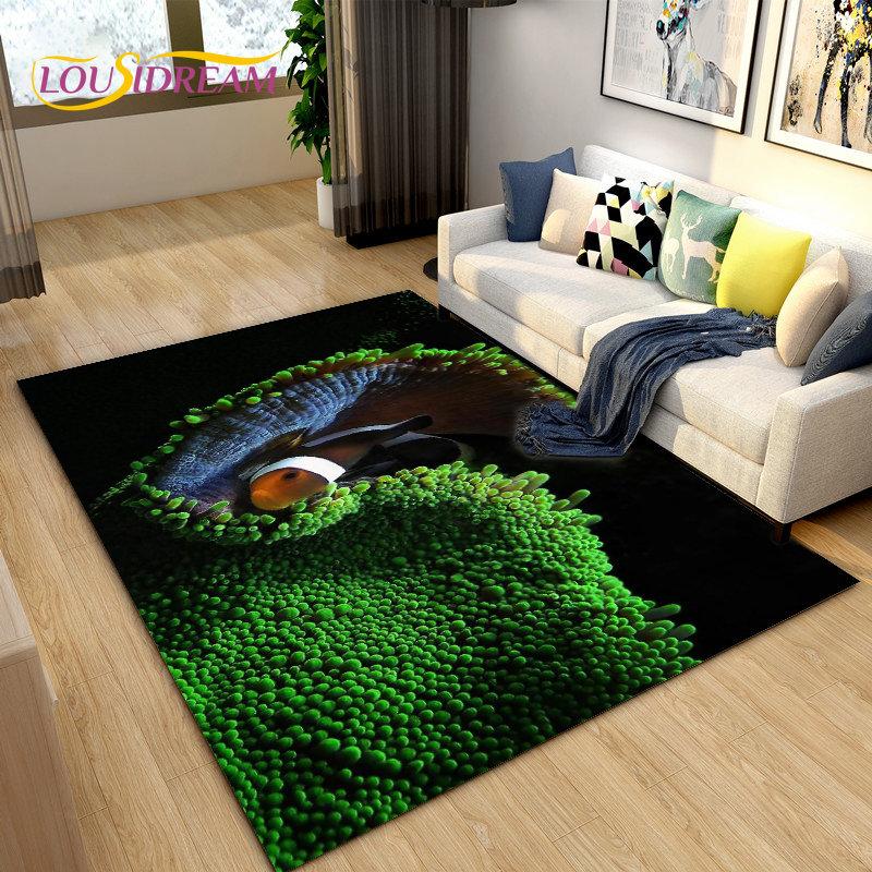 Подводный мир Морское дно Рыба Дельфин Коврик Большой, Коврик для гостиной Спальня Диван Коврик Кухня, Нескользящий напольный коврик