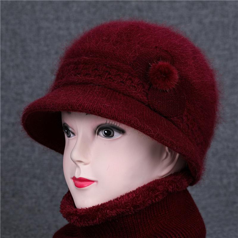 Женская шапка среднего и пожилого возраста, вязаная шерстяная шапка, шапки с цветами из кроличьей шерсти, осень и зима