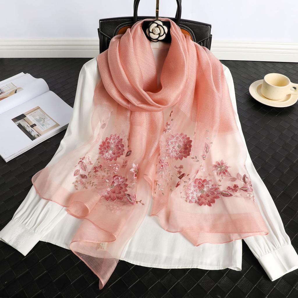 New 2025 Silk Scarf for Women Embroidery Shawl Wraps Female Wool Floral Bufanda Beach Stoles Hijab Head Scarves Hijab Echarpe