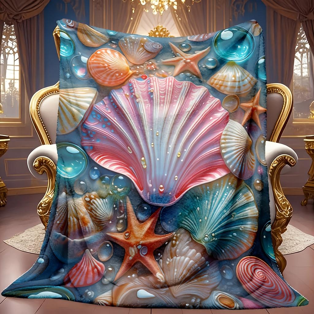 Soft Fleece Blanket Featuring an Ocean Shell Design with High-Definition Digital Printing, Ideal for All Seasons. A Perfect Gift for Family And Friend