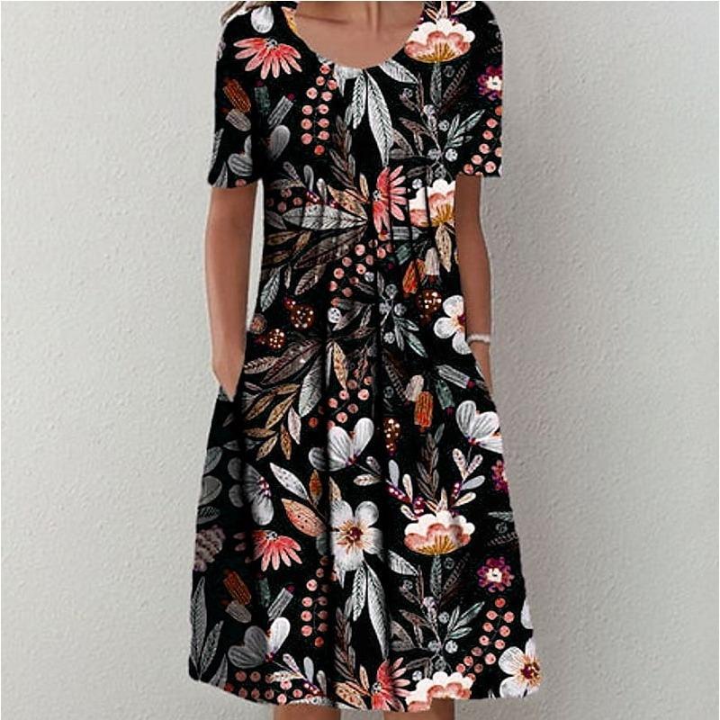 QICED Женская мода лето весна однотонный принт с коротким рукавом и круглым вырезом с высокой талией повседневные платья