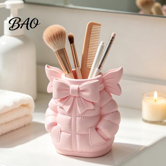 Minimalist Desktop Organizer Cute Bow Puffer Jacket Pen Holder, 3D Printed Organizer, Decorative Holder Makeup Brush Cup, Creative Storage Container