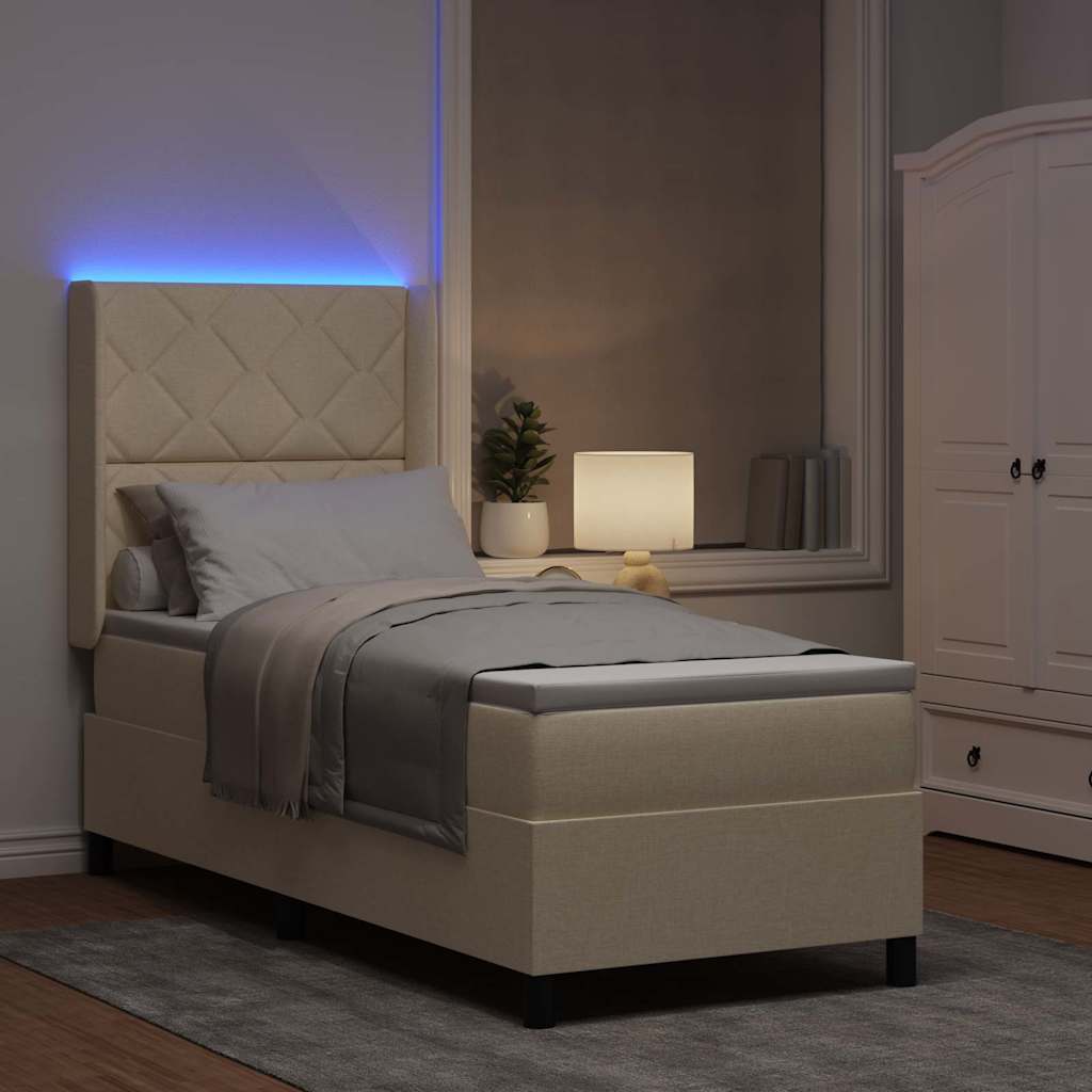 LED Box Spring Bed with Headboard Cream 80 x 200 cm Fabric