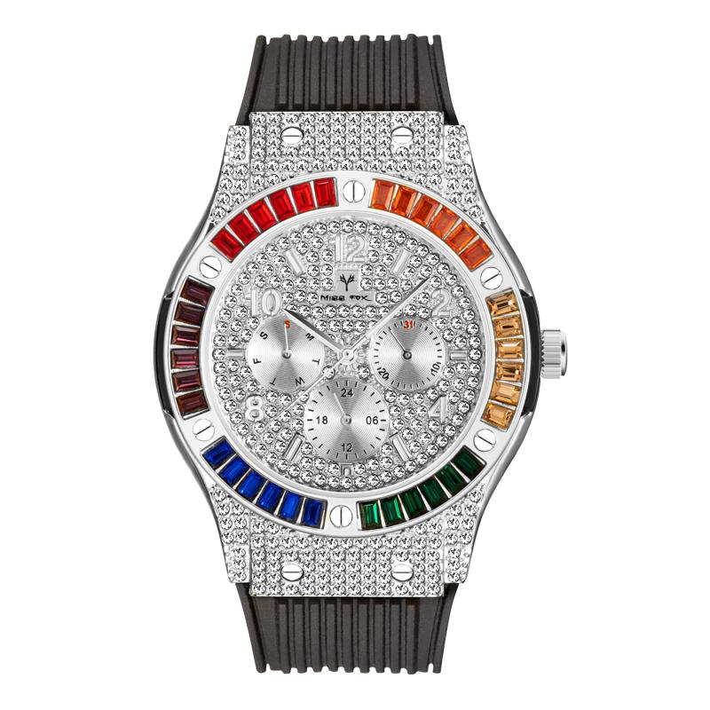 44mm Men's Watch Waterproof Rainbow Diamond Case Luxury Gold Quartz Watches For Male Week Day Display Rubber Strap Hand Clock