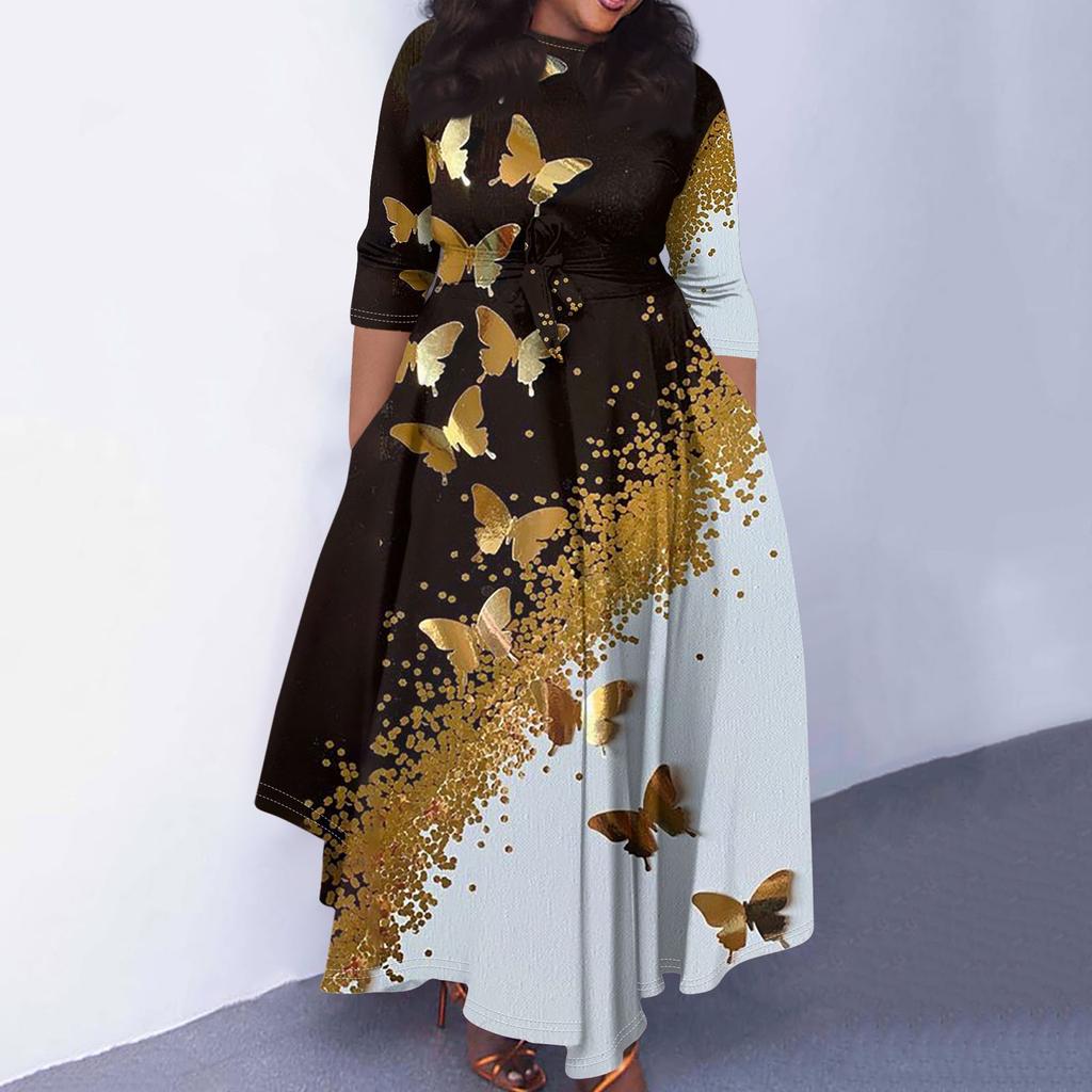 Женское повседневное модное свободное платье большого размера с цветочным принтом и круглым вырезом, рукавами три четверти, карманами и бретелями