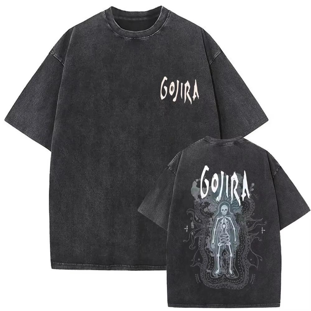 Gojira Древо Жизни Винтажная Черная Футболка Оверсайз с Двусторонним Графическим Принтом Acid Wash | Уличная Одежда для Фанатов Прогрессив-Метал Группы Мерч Футболка