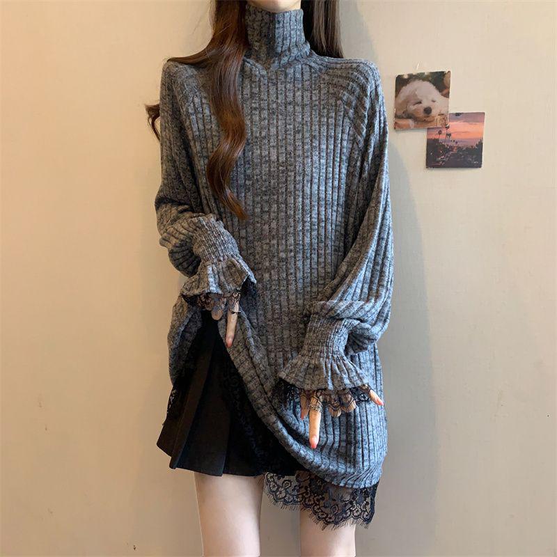 Женский пуловер большого размера в стиле ретро с кружевом под горло и пайетками - осенне-зимний базовый слой до бедер