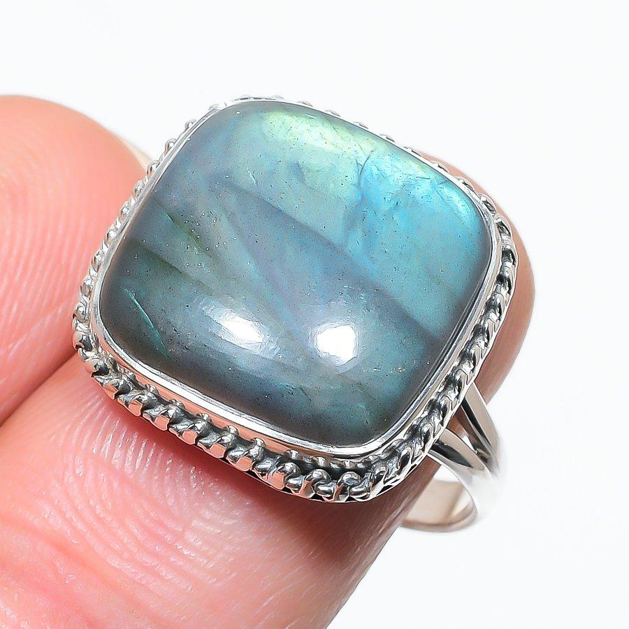 Натуральный Лабрадорит Драгоценный Камень 925 Проба Стерлинговое Серебро Ювелирное Кольцо Размер 9 P6h54