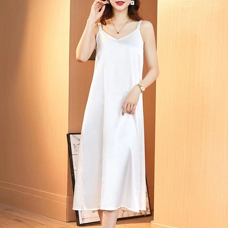Sexy Women Satin Dress Summer  Strap Sleeveless Silk Dress Women Loose Long Dress Oversized Casual Dresses Robe Femme 14306