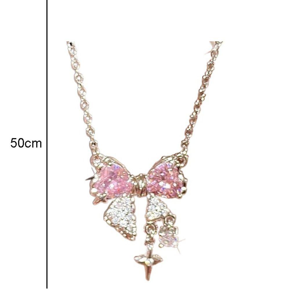 Star Shape Rhinestone Pendant Sweet Clavicle Chain Elegant Pink Bow Necklace Jewelry