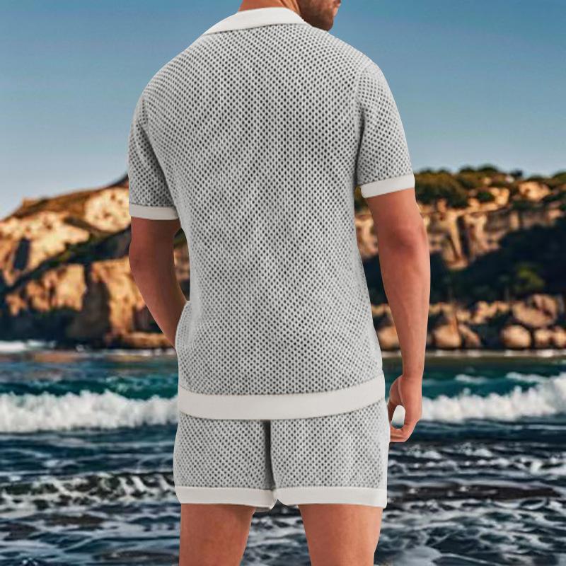 Seaside Beach Sexy Two Piece Sets Mens Fashion Hollow Out Breathable Mesh Shirts and Shorts Suits Men Daily Leisure Mesh Outfits