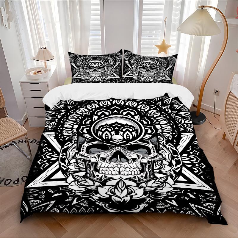 3pcs Skull Mandala Art Duvet Cover Set, Cover For Bedroom Guest Room (1 Duvet Cover + 2 Pillowcase, Without Quilt), yy250922146