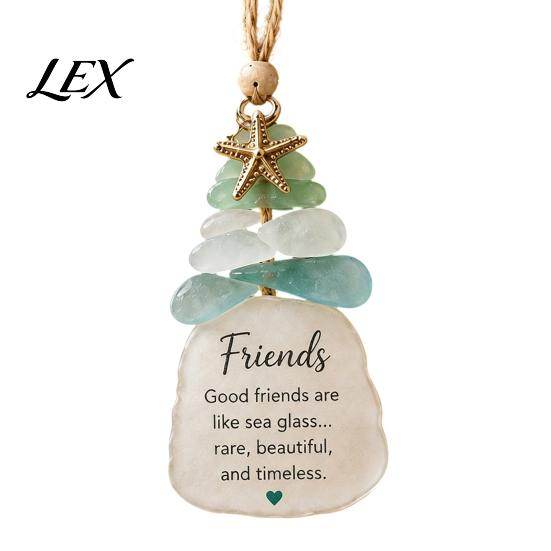Festive Window Door Decor Sea Glass Christmas Tree Ornament, Seaglass Art Hanging with Starfish Charm, Ocean Inspired Ornaments Peace Love Joy