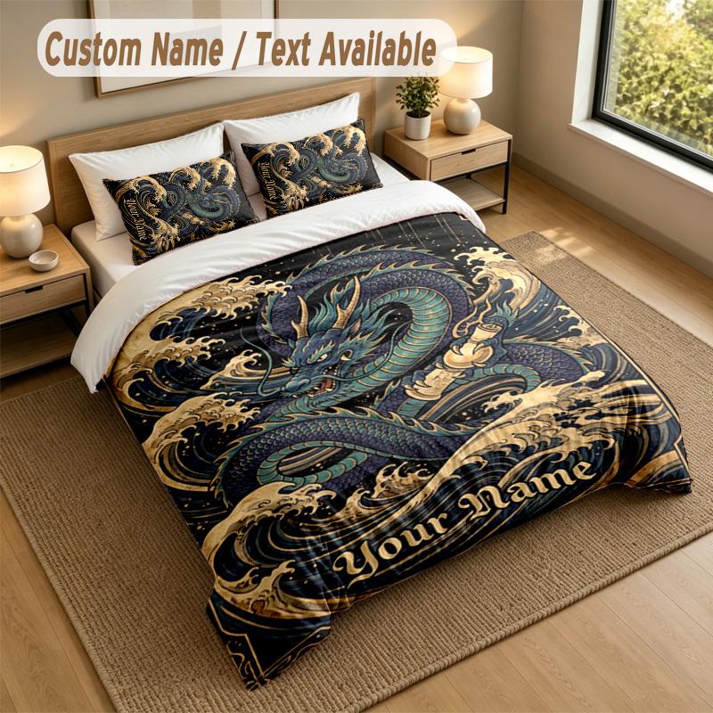 Dragon Phoenix Theme Personalized 3Pcs Bedding Set Custom Text & Name 1 Sheet 2 Pillowcases Household Bedding 1pc