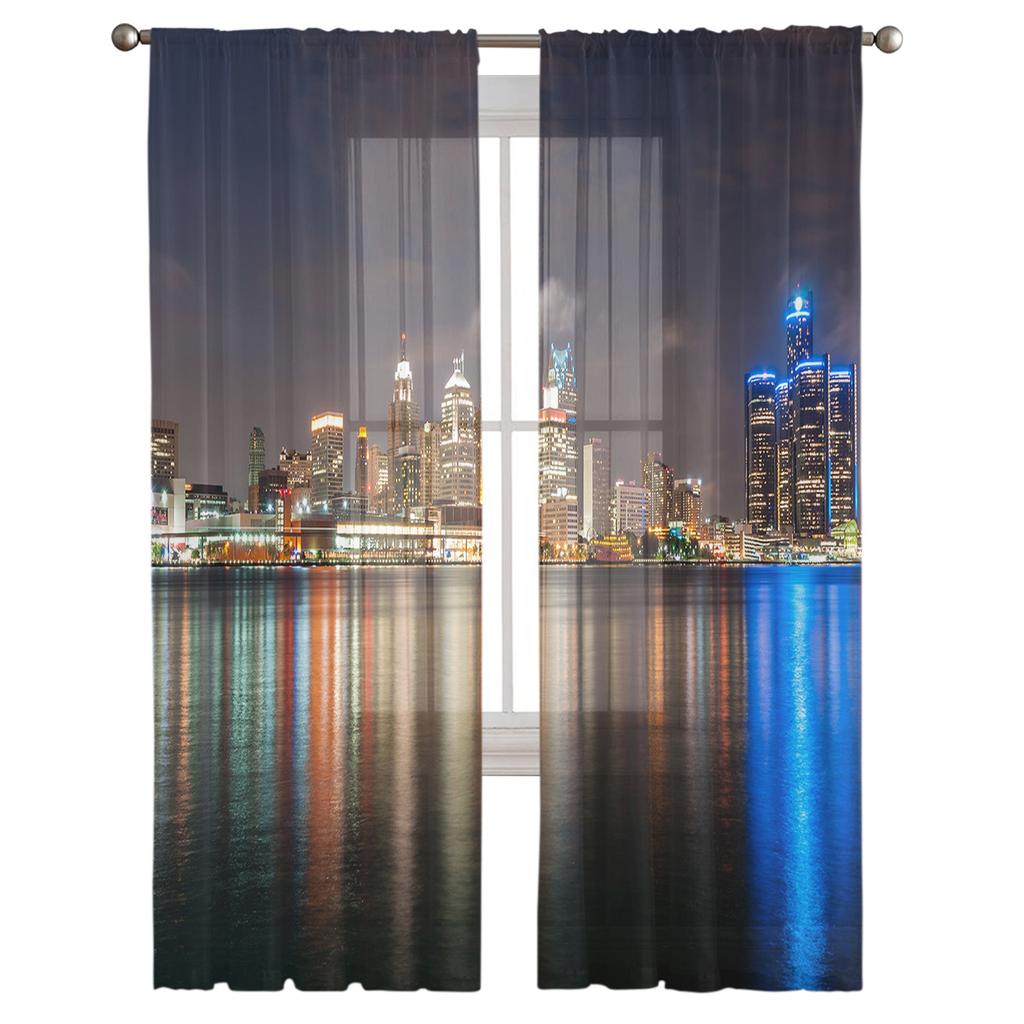 Nightscape Of American Cities Chiffon Sheer Curtains for Living Room Bedroom Home Decoration Window Voile Tulle Curtain Drapes