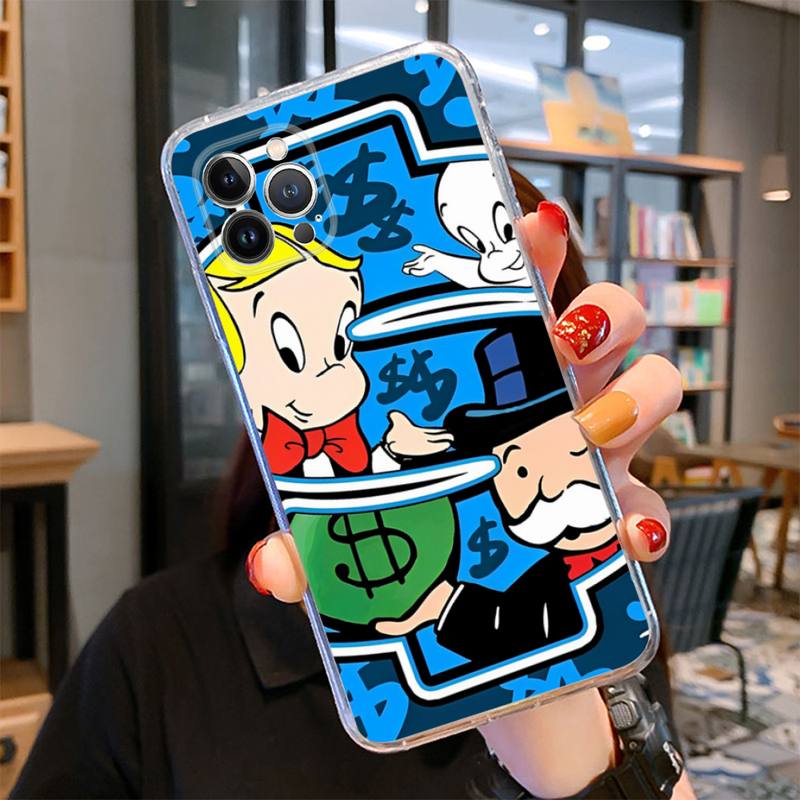Trend Cartoon Dollar Alec Monopoly Phone Case For iPhone 14 13 12 11 Pro Max XS X XR SE 2020 6 7 8 Plus Mini Transparent Shell