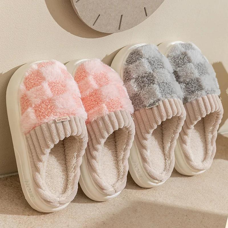 Autumn Winter Women's Slippers Fashion Couple Plaid Cotton Slippers Soft Sole Slides Women Indoor Flat Home Non-slip Warm Shoes