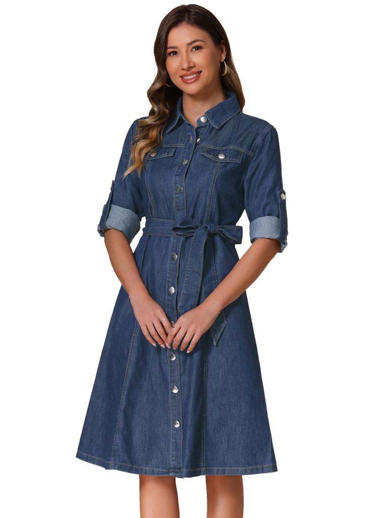 Allegra K Women's Classic Denim Jeans Shirt Dress, Button-Down, Long Sleeves, Belted, Dark Blue, Size XL