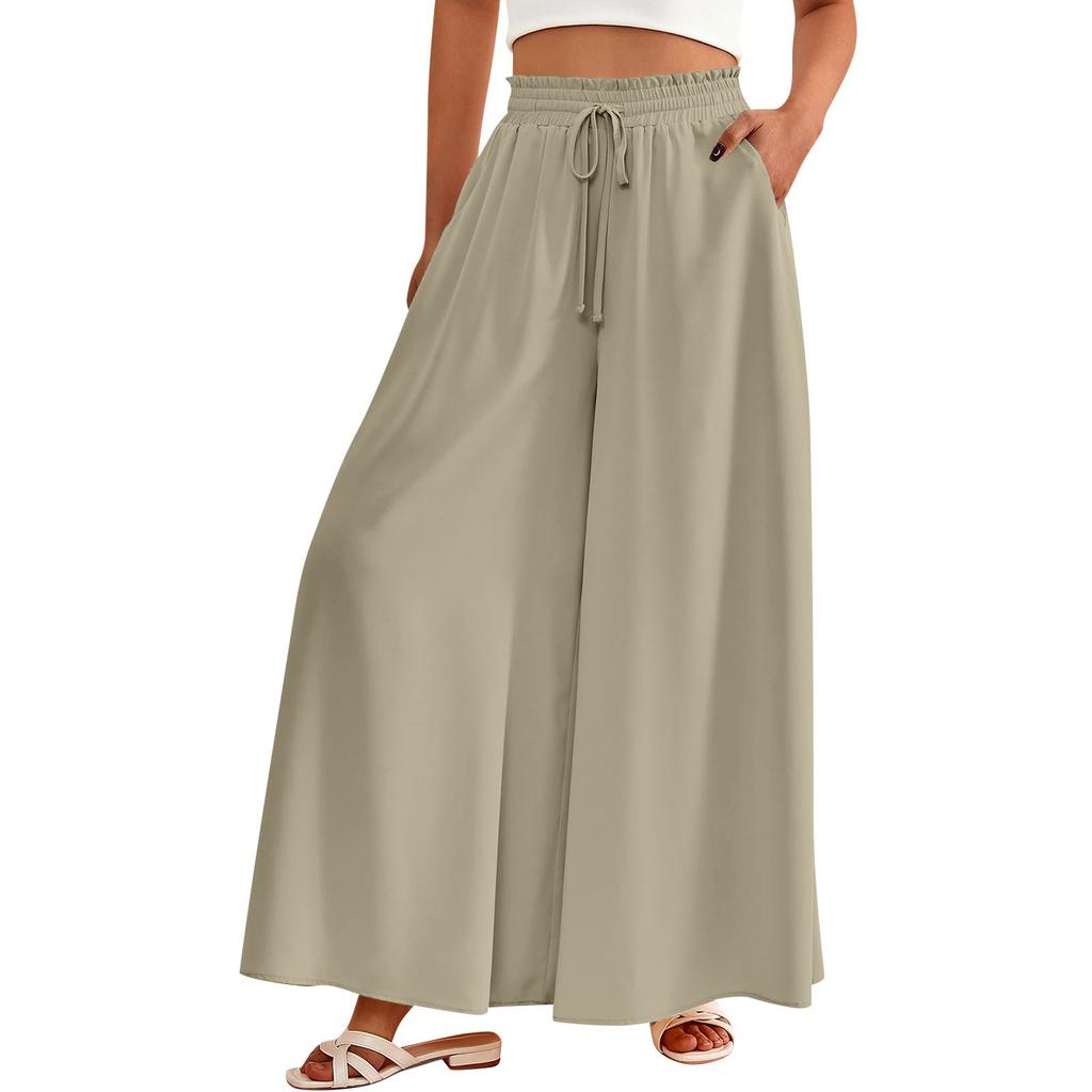 Women High Waisted Wide Leg Pants Summer Casual Flowy Palazzo Pants Solid Beach Trousers With Pocket