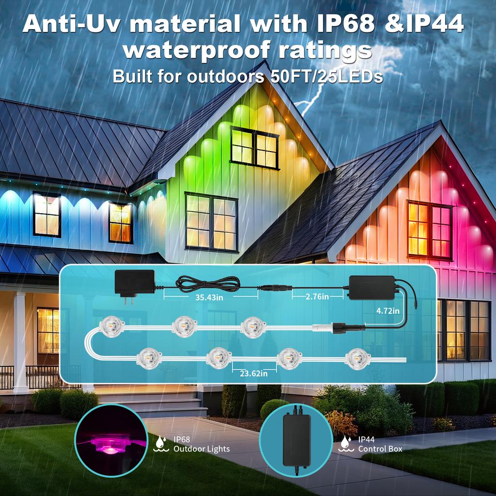 15M/30M/60M RGBIC Smart Eaves Light with APP/Remote Control IP67 Waterproof Outdoor String Lights House Roof Garden Lighting