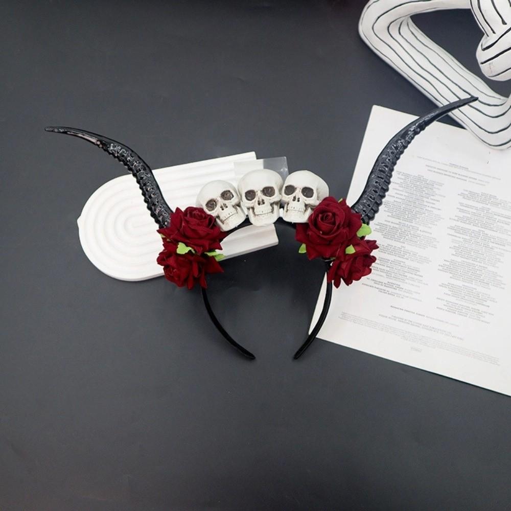 Skull Ox Horns Headband Gothic Style Red Rose Headband Hairbands Sheep Horn Hairband Costume Party