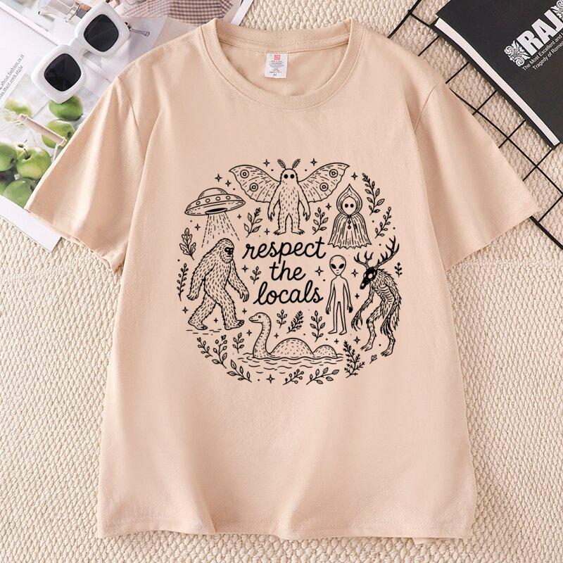 Respect The Locals Cryptid TShirt Comfort Bigfoot MothUnisex Alien Graphic Tee Cotton Short Sleeve Streetwear Crewneck Tops